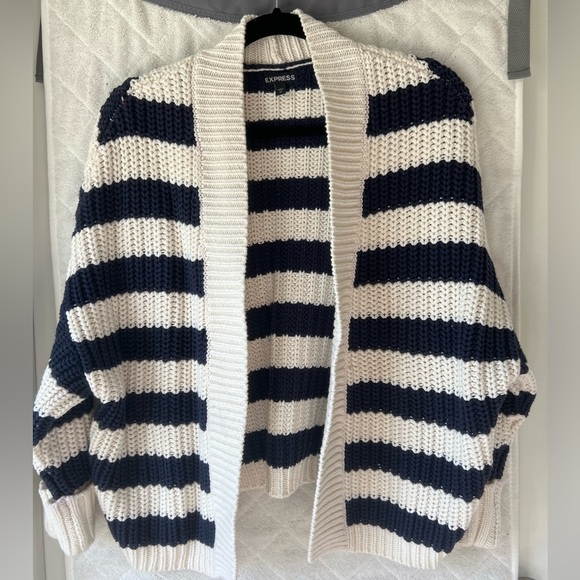 Express Navy and Cream Striped Cardigan - Picture 1 of 4